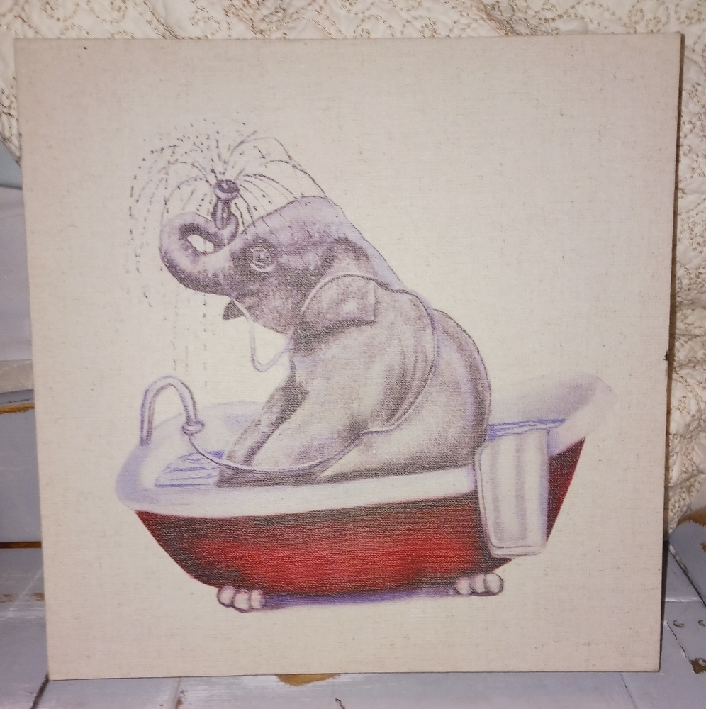 Elephant in Bathtub Canvas Art - Red and Gray